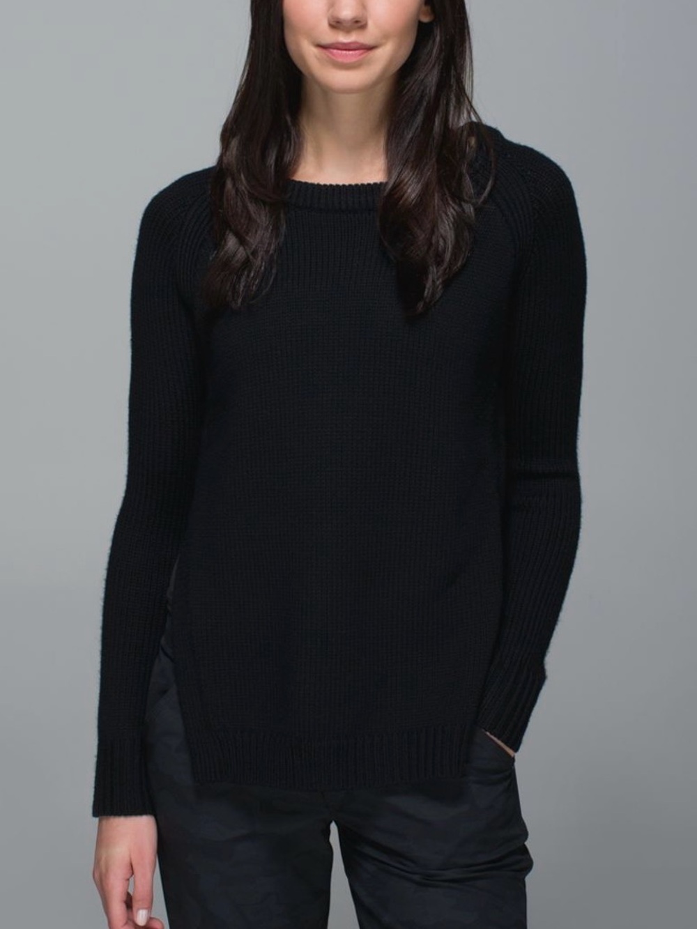 LULULEMON Yin To You Chunky Wool Sweater Split Sides Black Cozy Yoga Athleisure